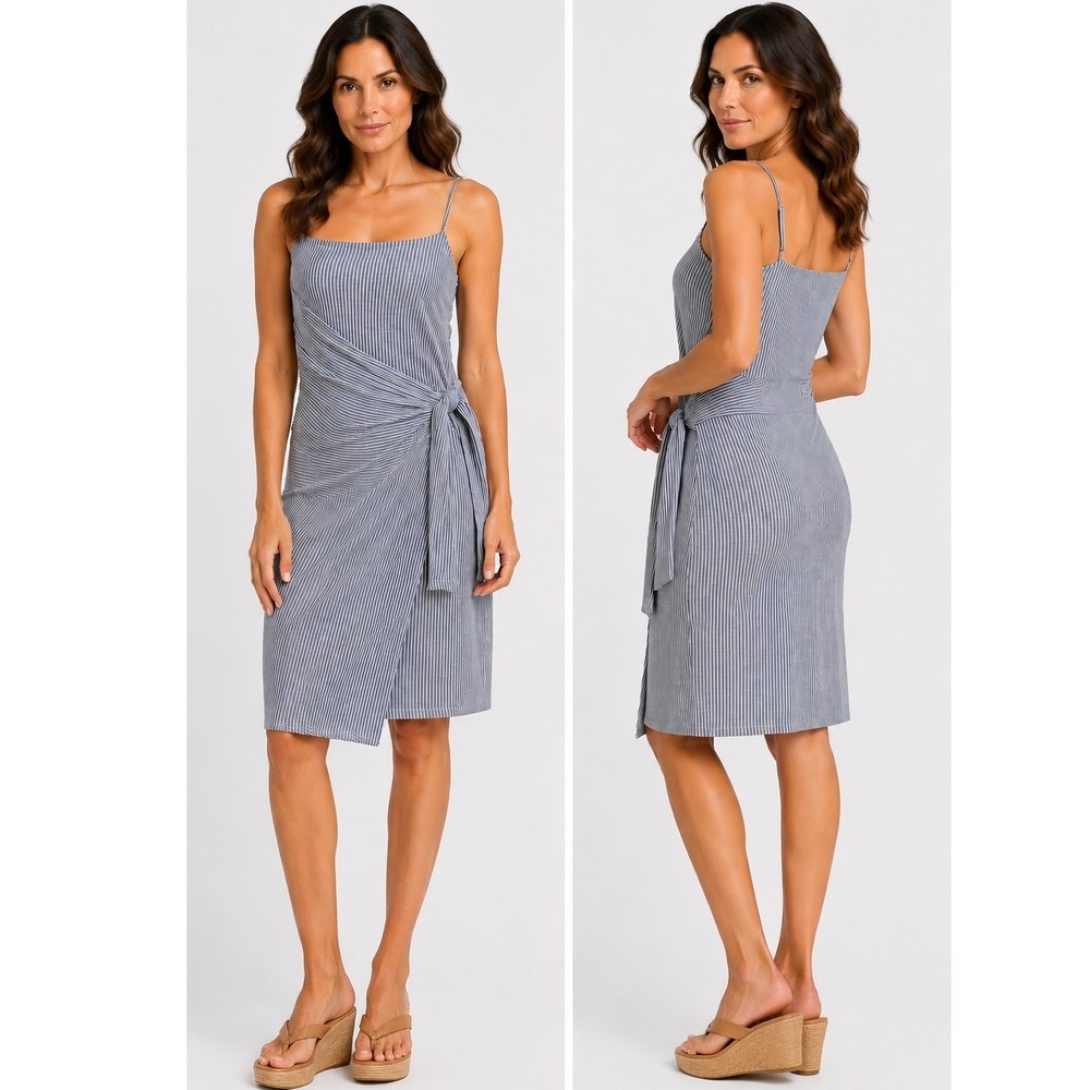 Blue/White Seersucker Wrap Mini Dress Adjustable Straps Breezy Chic Summer Dress